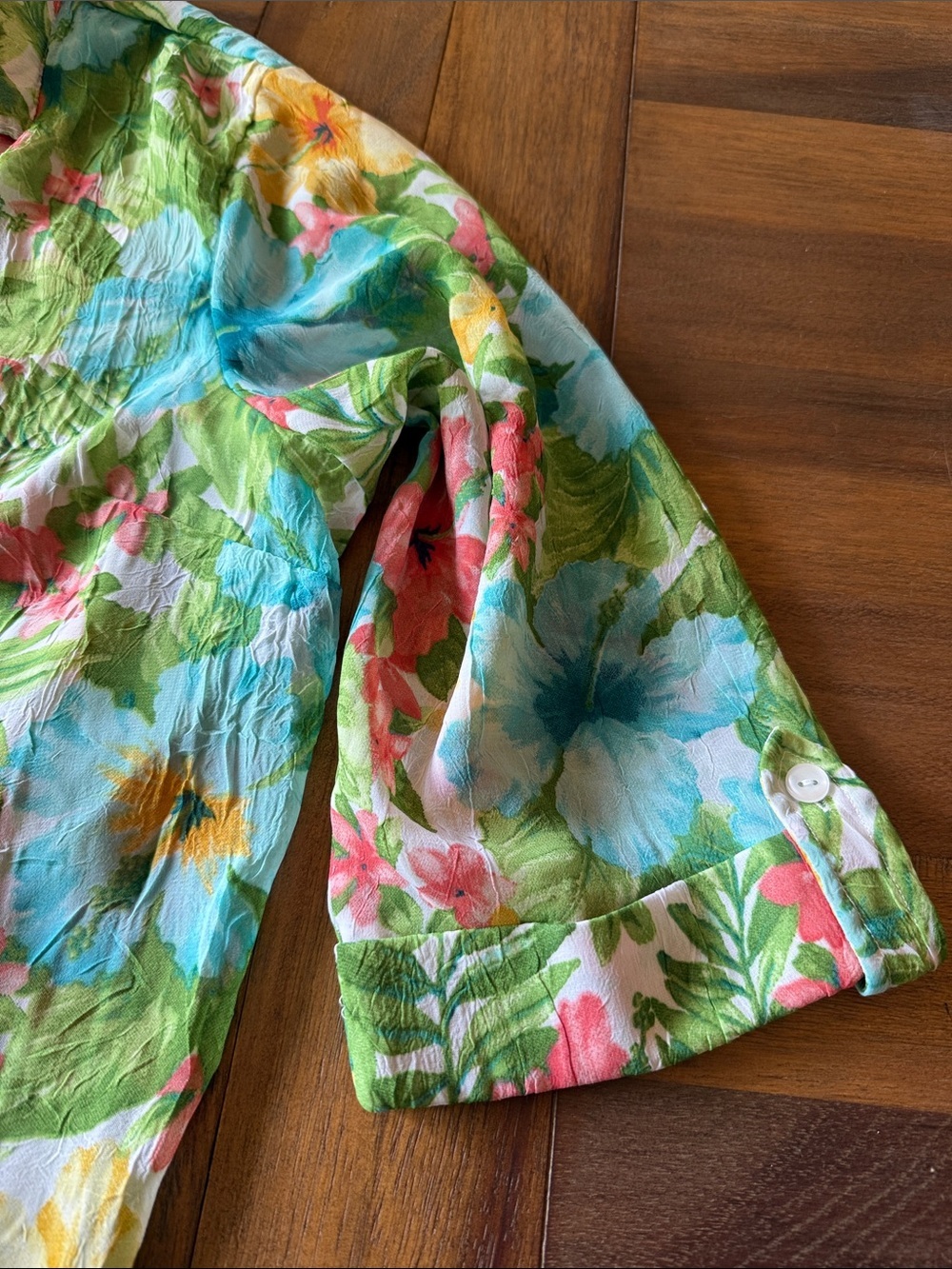 Cathy Daniels Shear Floral Button-Front Blouse in Green, Blue, Pink, Yellow-2X - Picture 6 of 6